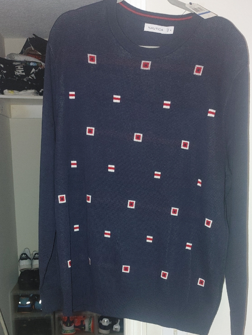 Nautica Navy Crewneck Sweater with Red & White Embroidered Accents